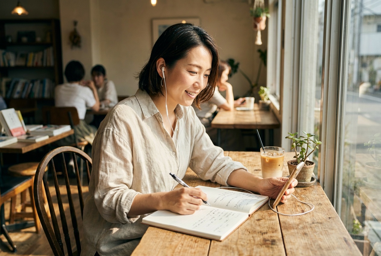 カフェでリラックスして語学学習する女性