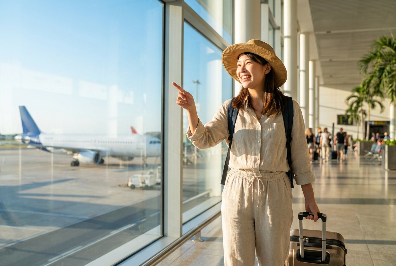 夏の空港でスーツケースを引く旅行者